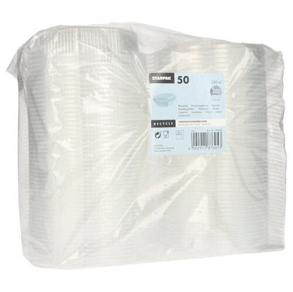 Un emballage en plastique transparent contient 50 gobelets jetables Starpak octogonaux en PP transparent, munis d'un couvercle rabattable. L'étiquette mentionne la marque Starpak, les détails du produit et des informations sur le recyclage en plusieurs langues.