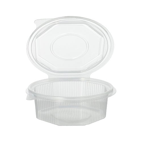 Un pot d'emballage Starpak 50 transparent, octogonal, muni de couvercles rabattables en PP, est représenté ici avec son couvercle rabattable ouvert, laissant apparaître l'intérieur vide. Ce récipient à usage unique est nervuré et idéal pour la conservation d'aliments, que ce soit pour une utilisation unique ou à emporter.