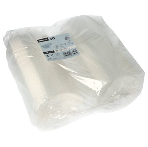 Un emballage en plastique scellé contenant 50 gobelets Starpak avec couvercles rabattables, en PP, transparents, octogonaux, chaque gobelet portant les informations relatives à la quantité et au produit.