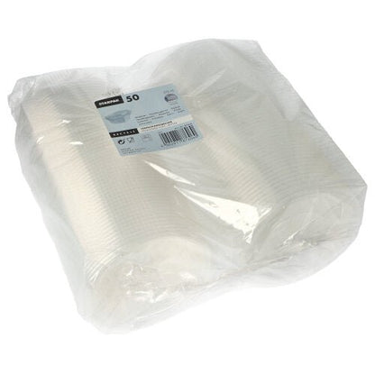 Un emballage en plastique scellé contenant 50 gobelets Starpak avec couvercles rabattables, en PP, transparents, octogonaux, chaque gobelet portant les informations relatives à la quantité et au produit.