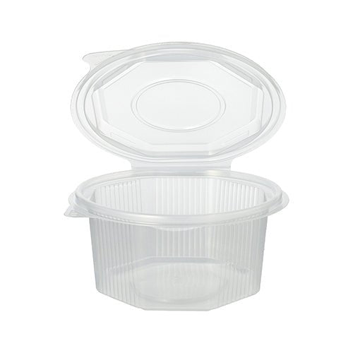 Le pot d'emballage Starpak 50 à couvercle rabattable est un récipient alimentaire octogonal transparent en PP, muni d'un couvercle à charnière et de nervures latérales verticales. Il est vendu vide.