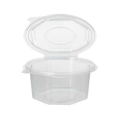 Le pot d'emballage Starpak 50 à couvercle rabattable est un récipient alimentaire octogonal transparent en PP, muni d'un couvercle à charnière et de nervures latérales verticales. Il est vendu vide.