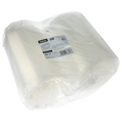Un sac en plastique transparent contenant 50 gobelets Starpak avec couvercles rabattables, en PP transparent, de forme octogonale – des gobelets jetables pratiques pour un usage quotidien.