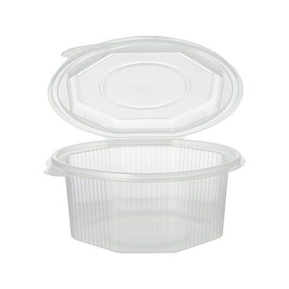 On voit ici un pot d'emballage Starpak 50 transparent, octogonal, muni de couvercles rabattables (PP), ouvert et vide. Le récipient présente des rainures verticales sur les côtés et une face supérieure lisse et plate.