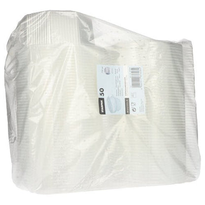 Un emballage en plastique transparent contenant 50 gobelets Starpak à couvercle rabattable, des gobelets en PP transparents à 8 pans, est muni d'une étiquette blanche rectangulaire comportant des informations sur le produit et un code-barres.