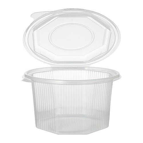 Le pot d'emballage Starpak 50 à couvercle rabattable est un récipient alimentaire octogonal transparent en PP, doté de parois nervurées et d'un couvercle rabattable fixé à celui-ci, représenté ici ouvert.