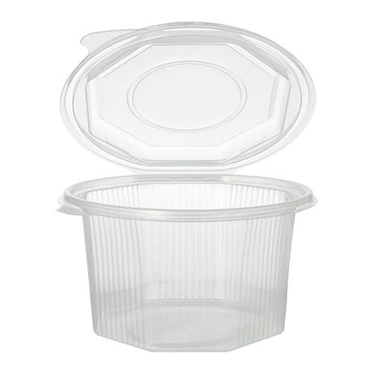 Le pot d'emballage Starpak 50 à couvercle rabattable est un récipient alimentaire octogonal transparent en PP, doté de parois nervurées et d'un couvercle rabattable fixé à celui-ci, représenté ici ouvert.