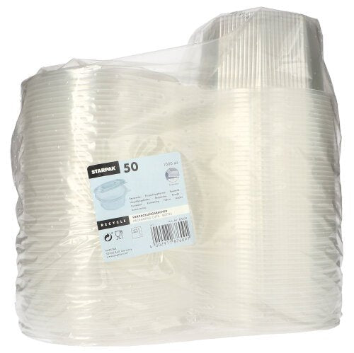 Les gobelets d'emballage Starpak 50 à couvercle rabattable sont des gobelets jetables transparents à 8 côtés, en PP, conditionnés dans un emballage en plastique transparent muni d'une étiquette indiquant des informations détaillées sur le produit, les quantités et les consignes de recyclage.