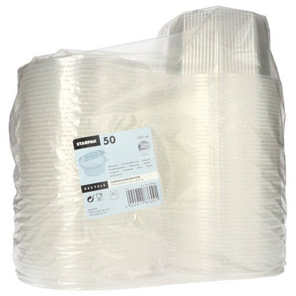 Les gobelets d'emballage Starpak 50 à couvercle rabattable sont des gobelets jetables transparents à 8 côtés, en PP, conditionnés dans un emballage en plastique transparent muni d'une étiquette indiquant des informations détaillées sur le produit, les quantités et les consignes de recyclage.