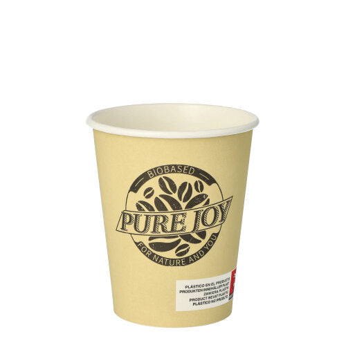 Le PAPSTAR gobelet de 20 (carton, 0,2 l, Ø 8 cm) de la société PAPSTAR est un gobelet écologique beige avec "PURE JOY", un graphique de grains de café en noir, "BIOBASED FOR NATURE AND YOU" et une petite étiquette blanc-rouge au fond.