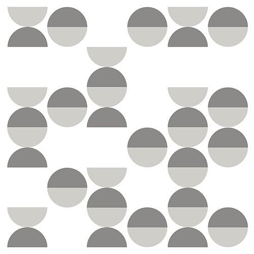 Les serviettes PAPSTAR 20 (33 cm x 33 cm, 3 plis, 1/4 pliage, Design Set 2) de PAPSTAR GmbH présentent un motif géométrique de cercles et demi-cercles gris et gris clair sur fond blanc.