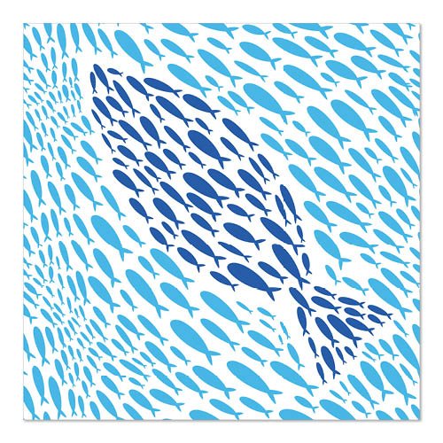 De petits poissons bleus forment un plus grand poisson dans différentes nuances de bleu sur fond blanc. Ce motif orne les 20 serviettes, 33 cm x 33 cm, 3 plis, Design Set 6 de PAPSTAR GmbH et apporte du charme à la table dressée.