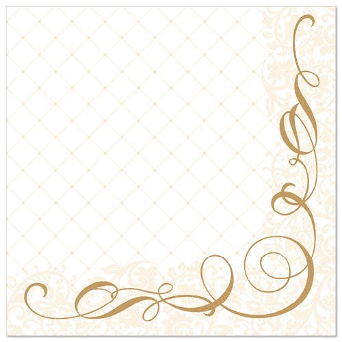 Les 50 serviettes "ROYAL Collection" de PAPSTAR GmbH sont des serviettes en papier blanches de 40 x 40 cm avec un motif discret en losange et des tourbillons dorés élégants dans le coin inférieur droit.