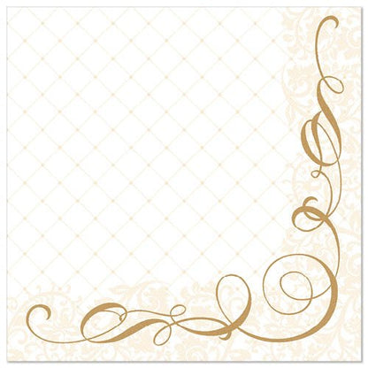 Les 50 serviettes "ROYAL Collection" de PAPSTAR GmbH sont des serviettes en papier blanches de 40 x 40 cm avec un motif discret en losange et des tourbillons dorés élégants dans le coin inférieur droit.