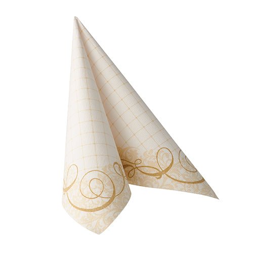 Une serviette pliée en or PAPSTAR ROYAL Collection 1/4 pli (40 x 40 cm) de PAPSTAR GmbH se tient debout sur un fond blanc.
