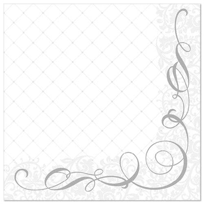 Les PAPSTAR 50 serviettes "ROYAL Collection" 1/4-pli 40 x 40 cm gris de PAPSTAR GmbH présentent un design carré blanc avec un motif floral et losanges discret et un tourbillon gris élégant sur le bord inférieur droit.