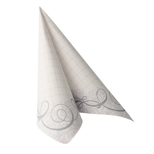 Une seule serviette PAPSTAR de la collection ROYAL, 40x40 cm en gris avec un motif à carreaux discret et un bord décoratif, est pliée devant un fond blanc - idéale pour des arrangements de serviettes élégants. Paquet de 50 pièces.