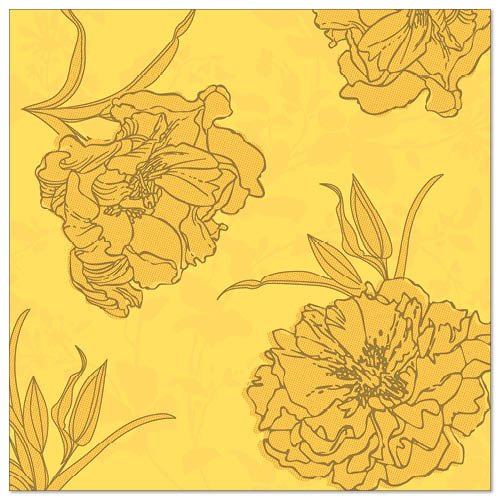 Un fond jaune avec des motifs floraux détaillés bordés de brun et des feuilles superposées, inspiré des 50 serviettes "ROYAL Collection" 1/4 pli 40 x 40 cm jaune de la PAPSTAR GmbH.