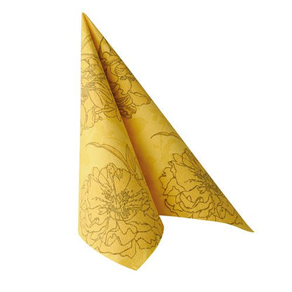 Une serviette ROYAL Collection jaune PAPSTAR GmbH (40 x 40 cm, 1/4 pli) est pliée en un triangle haut et se tient debout sur fond blanc.