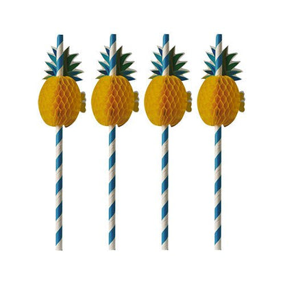 Sur un fond blanc simple, on voit quatre pailles en papier écologiques de la société PAPSTAR GmbH (PAPSTAR 50 pailles, papier Ø 6 mm · 20 cm) avec des rayures bleues et blanches et des embouts d'ananas jaunes.
