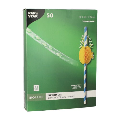 Une boîte verte avec 50 pailles en papier (20 cm x Ø 6 mm) de la société PAPSTAR GmbH avec des pailles rayées et un ananas en papier jaune contient 50 pailles biodégradables et écologiques.