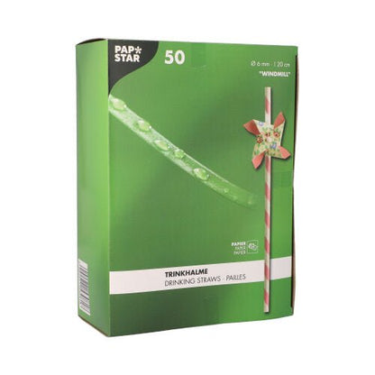 Une boîte verte PAPSTAR 50 pailles (papier Ø 6 mm · 20 cm) de la société PAPSTAR GmbH avec l'inscription « WINDMILL » montre une paille rayée avec une éolienne et un texte multilingue.