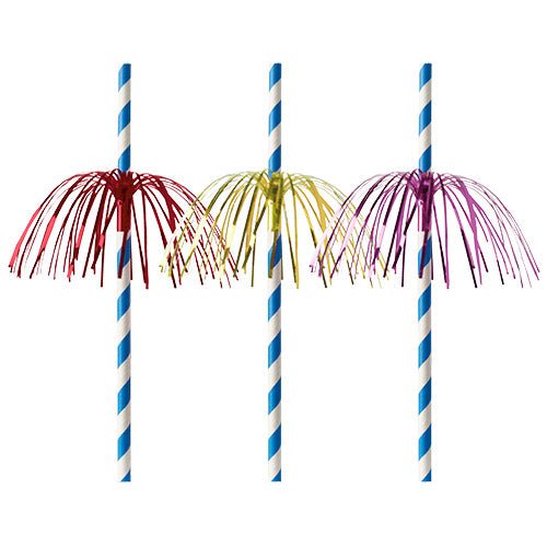 Trois pailles en papier PAPSTAR (Ø 6 mm, 20 cm) avec des rayures bleu-blanc et des franges métalliques en rouge, jaune et violet de la société PAPSTAR GmbH – biodégradables pour une qualité durable.