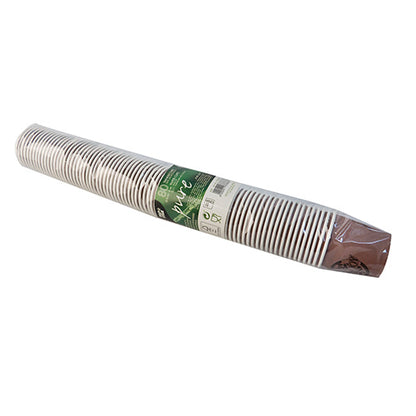 Un paquet transparent, emballé en plastique, contient des PAPSTAR gobelets empilés blancs 80 en carton « Pure Joy » de PAPSTAR GmbH, avec un intérieur brun et une étiquette verte, qui allient respect de l'environnement et design moderne.