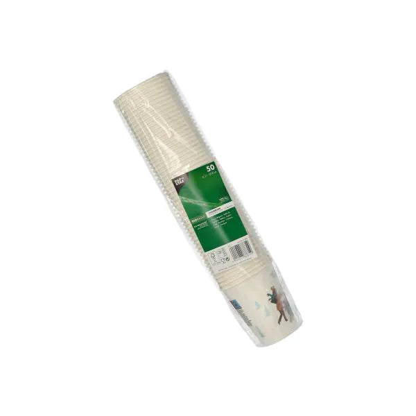 Une pile emballée en plastique de 50 gobelets en papier blanc PAPSTAR 0,2 l à usage unique de la PAPSTAR GmbH, partiellement imprimée - idéale comme gobelets pratiques pour les fêtes ou les événements.