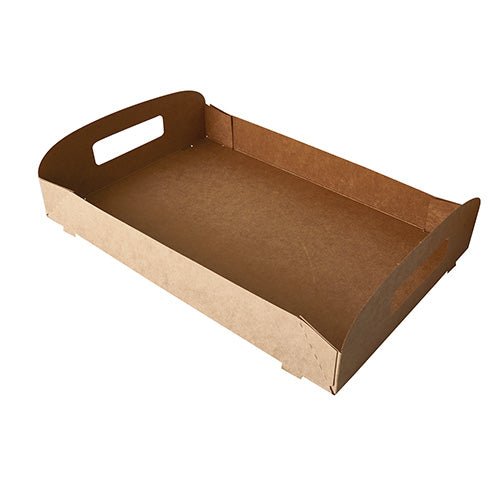 Les PAPSTAR 10 plateaux portables « pure » en carton brun de PAPSTAR GmbH offrent une stabilité écologique, des côtés surélevés et des poignées découpées à chaque extrémité - idéal comme plateau de service rectangulaire.