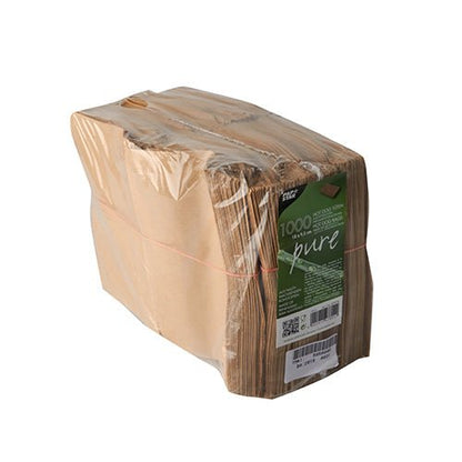 Une pile de 1 000 PAPSTAR sacs à hot-dog "pure" 18x11 cm, marron, résistant à la graisse est sous film rétractable et étiquetée avec des informations sur le produit et un code-barres - parfait pour une utilisation professionnelle dans la restauration.