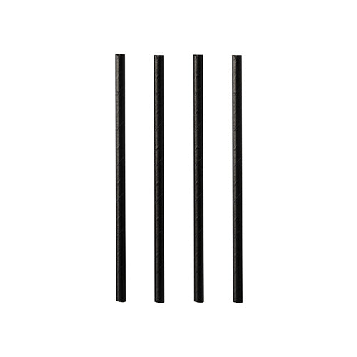 Vier schwarze PAPSTAR Papier-Cocktailstrohhalme (7 mm x 10 cm) der PAPSTAR GmbH stehen aufrecht in einer Reihe vor einem weißen Hintergrund.