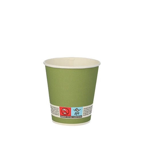 Un gobelet en carton "Whiskey" de PAPSTAR GmbH, vert foncé, Ø 7,2 cm, avec un intérieur blanc et une étiquette avec des symboles au bas. Le gobelet jetable (20 pièces) est illustré sur un fond blanc.