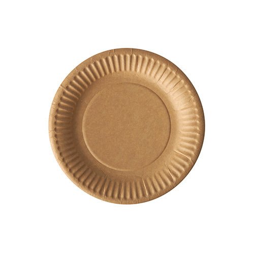 L'assiette en carton ronde "pure" 20 de PAPSTAR GmbH est une simple assiette en carton marron avec un bord texturé, fabriquée à partir de matériaux durables, illustrée de dessus sur un fond blanc.