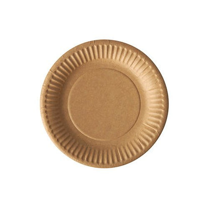 L'assiette en carton ronde "pure" 20 de PAPSTAR GmbH est une simple assiette en carton marron avec un bord texturé, fabriquée à partir de matériaux durables, illustrée de dessus sur un fond blanc.