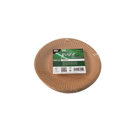 Un paquet de 20 assiettes jetables rondes "pure" PAPSTAR, fabriquées à partir de matériaux durables de PAPSTAR GmbH. Marron avec une étiquette vert-blanc, parfait pour un usage quotidien et emballé dans du plastique.