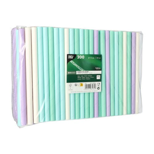 Un emballage en plastique transparent de PAPSTAR GmbH contient 200 pailles en papier PAPSTAR Bubble Tea (Ø 12 mm, 20 cm), assorties de couleurs. L'étiquette montre des icônes écologiques - idéal pour les fans de Bubble Tea.