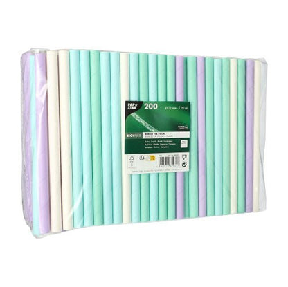 Un emballage en plastique transparent de PAPSTAR GmbH contient 200 pailles en papier PAPSTAR Bubble Tea (Ø 12 mm, 20 cm), assorties de couleurs. L'étiquette montre des icônes écologiques - idéal pour les fans de Bubble Tea.