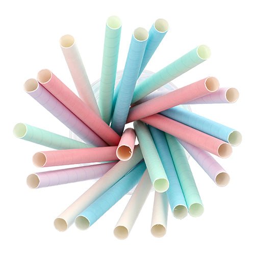 Les pailles en papier PAPSTAR Bubble Tea disposées en cercle (Ø 12 mm, 20 cm, assorties de couleurs) de PAPSTAR GmbH montrent leurs extrémités ouvertes en vue de dessus; les couleurs vives ajoutent une touche ludique à tout environnement. Contient 200 pièces.