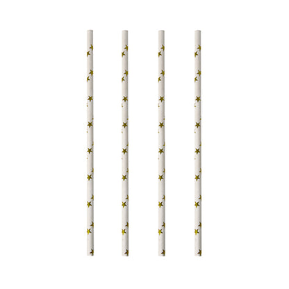 Vier PAPSTAR Papiertrinkhalme (schwarz/weiß „Stripes“, Ø 6 mm, 20 cm) sind vertikal und gleichmäßig auf weißem Hintergrund angeordnet. Die umweltfreundlichen Halme von PAPSTAR GmbH sind biologisch abbaubar.