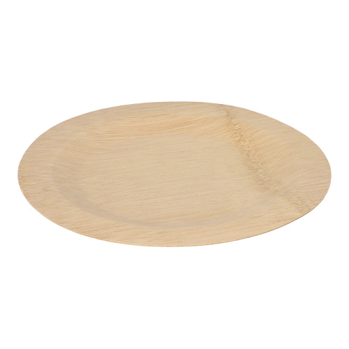 Le PAPSTAR 10 assiettes, bambou « pur » rond de PAPSTAR GmbH est une assiette jetable durable et biodégradable en bambou, présentée sur fond blanc.