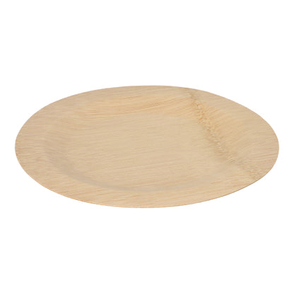 Le PAPSTAR 10 assiettes, bambou « pur » rond de PAPSTAR GmbH est une assiette jetable durable et biodégradable en bambou, présentée sur fond blanc.