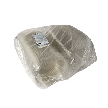 Ein großer Stapel Starpak 50 Feinkost- und Salatschalen mit Klappdeckel, R-PET glasklar oval, ist in einer transparenten Verpackung mit einem weißen Etikett auf der Oberseite verpackt – ideal für das umweltfreundliche Servieren von Feinkost und Salaten.