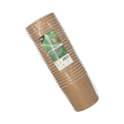 Une pile de 25 gobelets à soupe PAPSTAR en carton brun (Ø 11,5 cm, 11 cm de haut) de PAPSTAR GmbH est emballée dans un plastique transparent avec une étiquette verte et blanche et illustrée sur fond blanc.