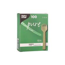 Eine grün-weiße Schachtel der PAPSTAR GmbH mit der Aufschrift "Holz-Gabeln pure" enthält 100 umweltfreundliche, robuste Holzgabeln (10 cm) mit einem Gabelbild und dem Text "Gabeln/Fourchettes" auf der Vorderseite.