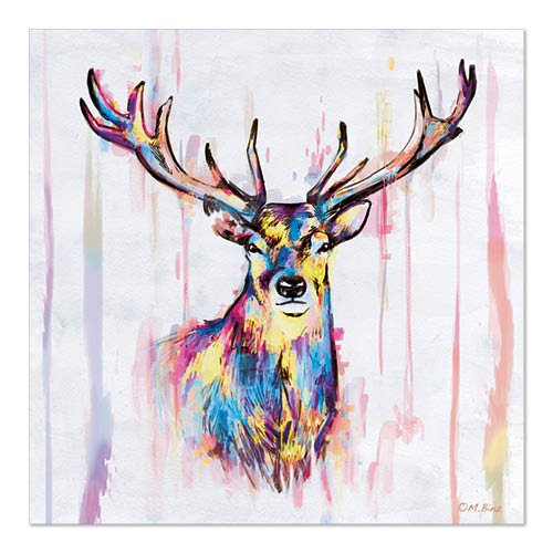 L'image vive d'un cerf avec des traits bleus, jaunes, roses et violets sur un fond blanc est le complément parfait aux PAPSTAR 20 serviettes, 33x33 cm, 3-plis 1/4-pli Design Set 5 de PAPSTAR GmbH pour une décoration de table élégante.