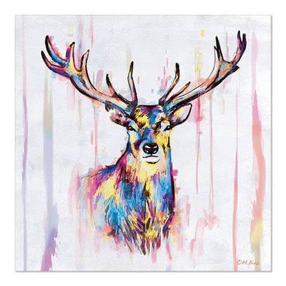 L'image vive d'un cerf avec des traits bleus, jaunes, roses et violets sur un fond blanc est le complément parfait aux PAPSTAR 20 serviettes, 33x33 cm, 3-plis 1/4-pli Design Set 5 de PAPSTAR GmbH pour une décoration de table élégante.
