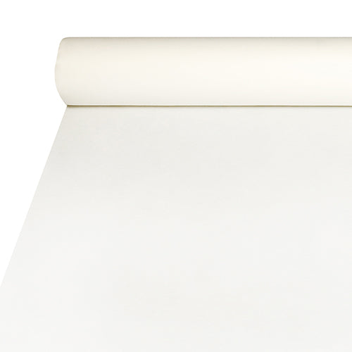La nappe Starpak en Airlaid (20m x 1,2m) en blanc offre un aspect similaire au tissu, est durable et facile à entretenir ; Le début du rouleau se trouve en haut de l'image.