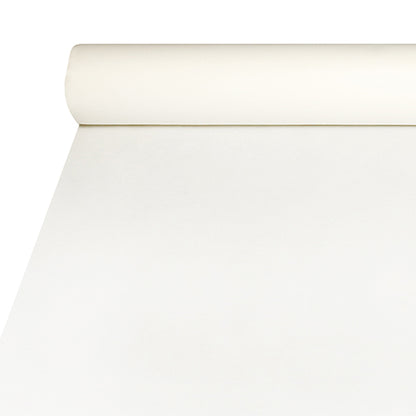 La nappe Starpak en Airlaid (20m x 1,2m) en blanc offre un aspect similaire au tissu, est durable et facile à entretenir ; Le début du rouleau se trouve en haut de l'image.