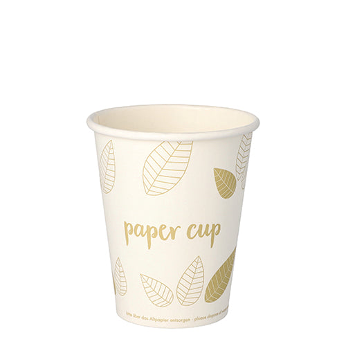 Un PAPSTAR GmbH gobelet en carton pur "ZERO" de 50 pièces, blanc avec motif de feuille dorée et inscription "paper cup", fabriqué à partir de matériaux durables, se tient debout sur un fond blanc.